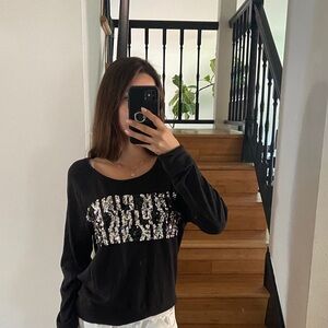 PINK Victoria's Secret Black Long Sleeve Top with Silver Sequin Panel